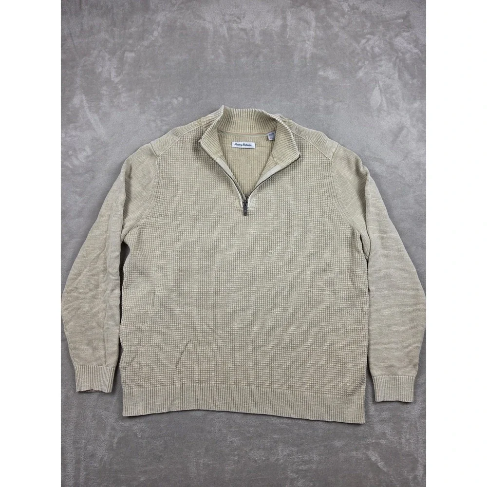 Tommy Bahama Sweater Mens XL Beige Quarter Zip Waffle Knit Cotton Pullover